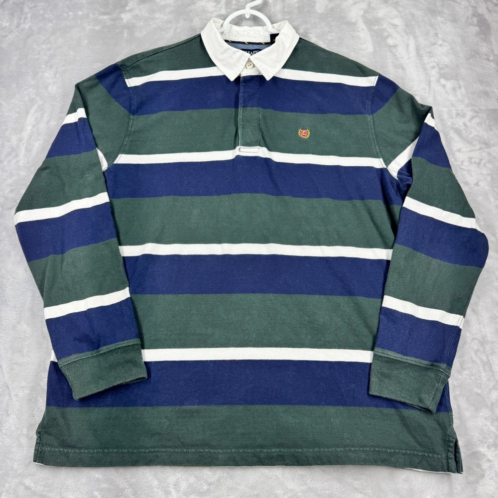 CHAPS Striped Long Sleeve Rugby Shirt Mens XL Green Navy Blue White Crest Logo